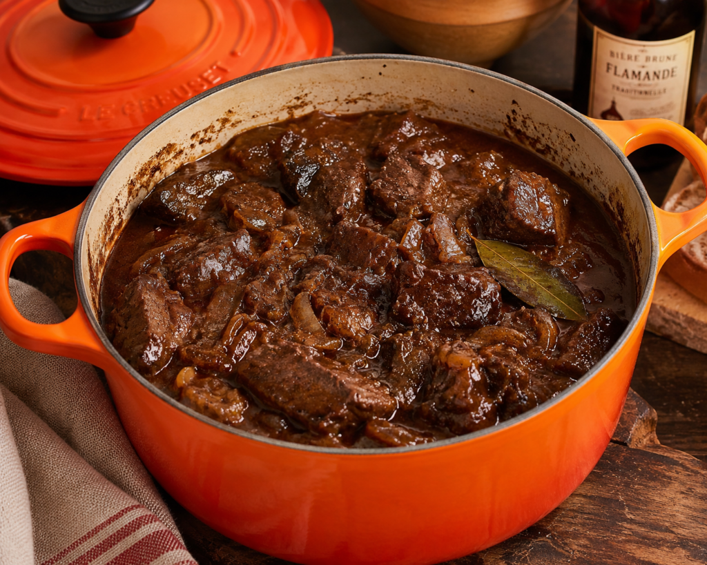 Une carbonade flamande revisitée à la belge, mijotée longuement à la bière brune avec pain d'épices et moutarde — et en option, un twist fruité à la pêche Mel.